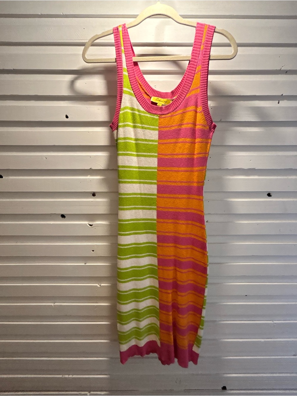 Colorblock Striped Knit Tank Dress in Pink, Lime & Orange